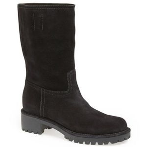 Prada Black Suede Mid Calf Moto Biker Boots 36